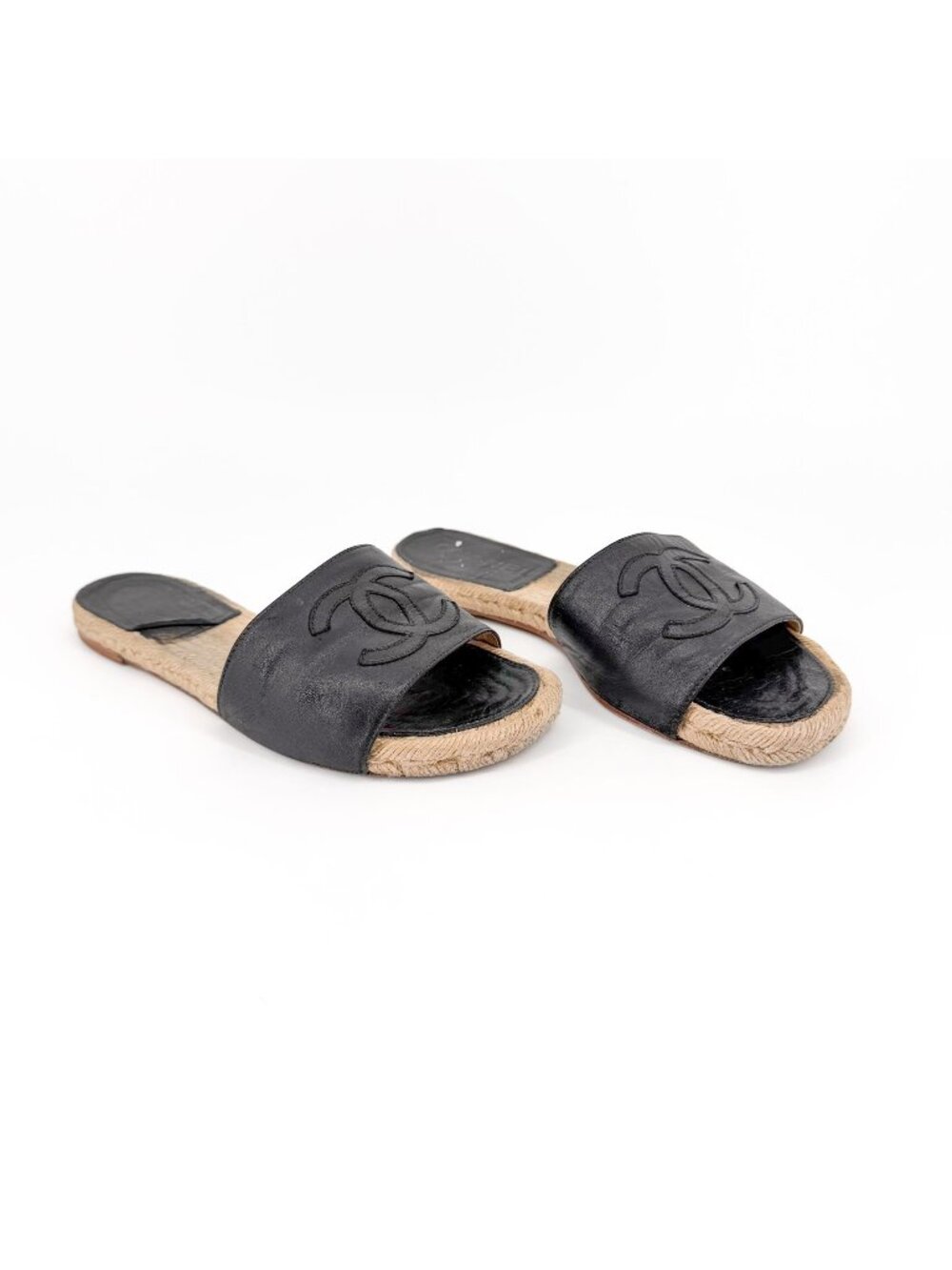Chanel Black Leather CC Espadrille Slide Sandals Flats Size 38 US 7–7.5 Women's